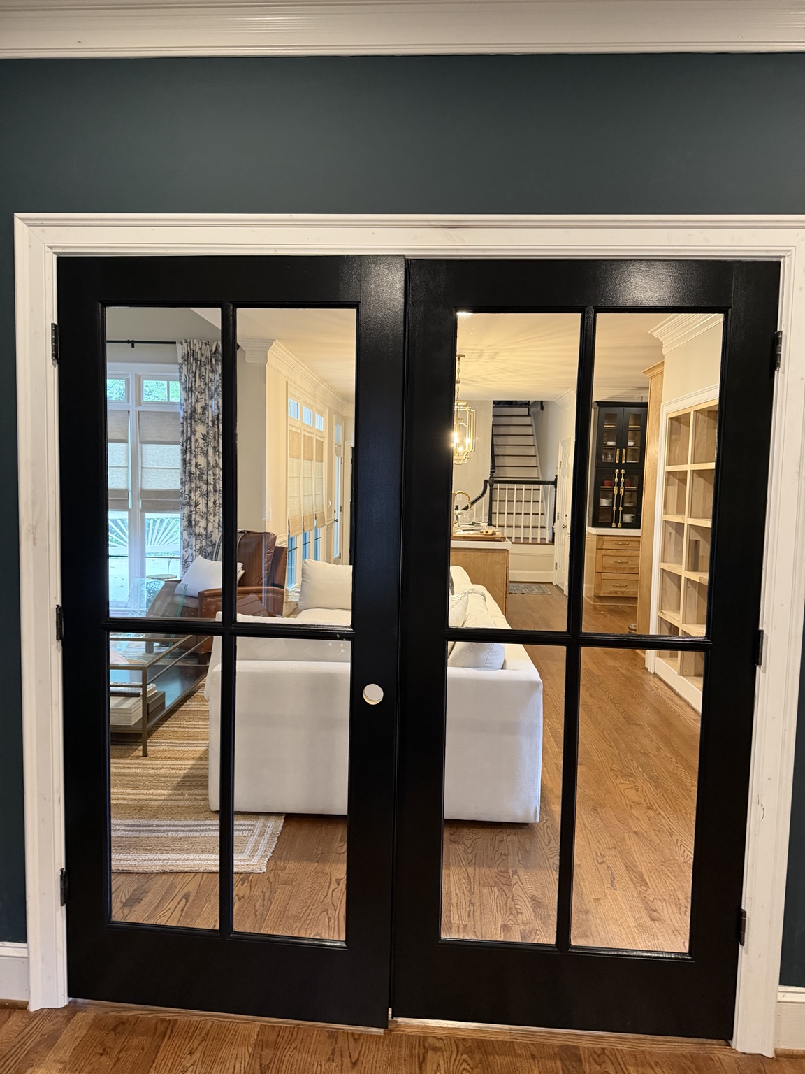 Black glass-panel double doors with white trim in a dark-colored room